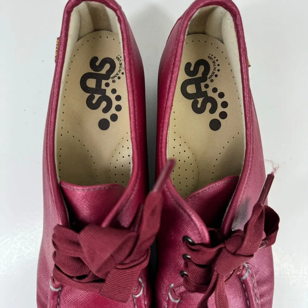 SAS Bounce Women's 11.5M Cranberry Burgundy Leather Lace-Up Wedge Moccasin Shoes